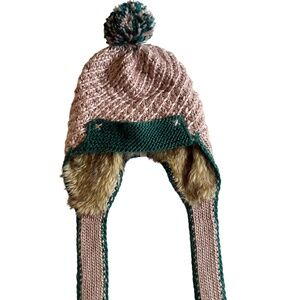 Pistil Knit Pink Green Earflap Hat Fur Lined Women's OS Vintage cabin